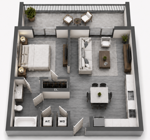 Floor plan for 1 bed, 1 bath, 646 sqft